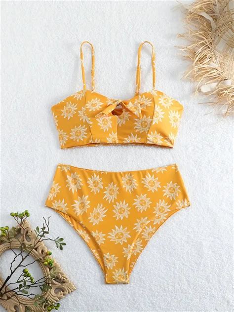 Sunflower Print High Waist Yellow Bikini Swimwear On Luulla