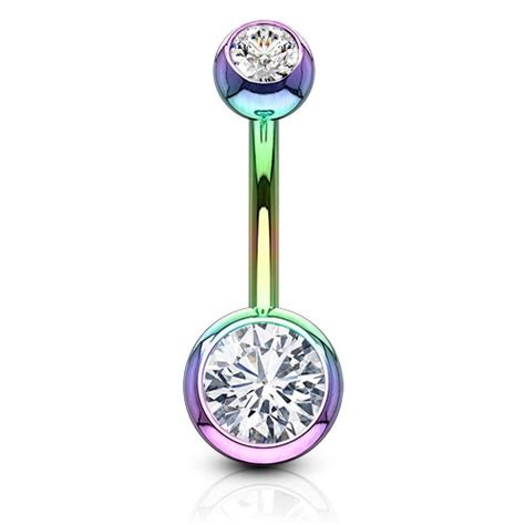 Double Jewelled Titanium Ip Belly Bar Navel Ring Comes With A 14