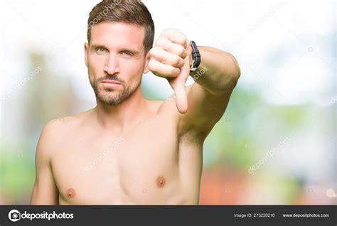 Handsome Shirtless Man Showing Nude Chest Looking Unhappy Angry Showing