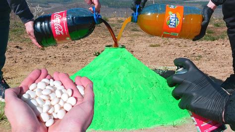 Experiment Volcano Eruption With Coca Cola Fanta And Mentos Youtube