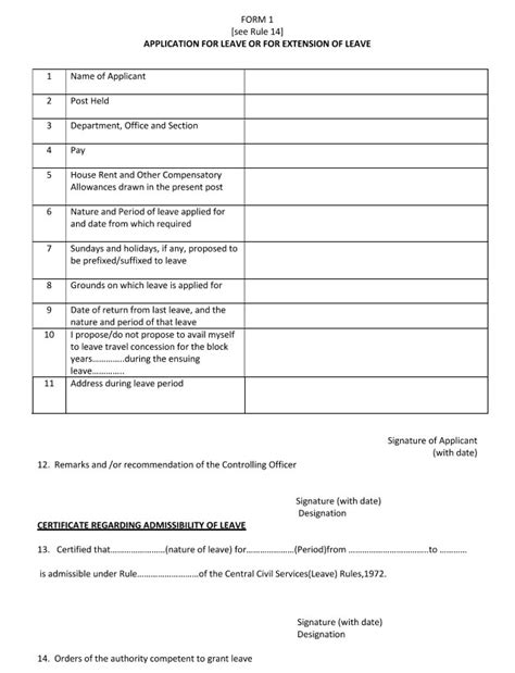 Leave Application Mastery Form 1 Application For Leave As Per Rule 14