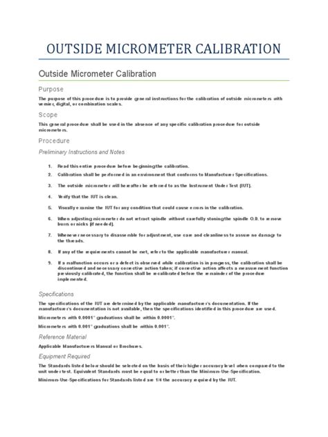 Outside Micrometer Calibration | PDF | Calibration | Tools