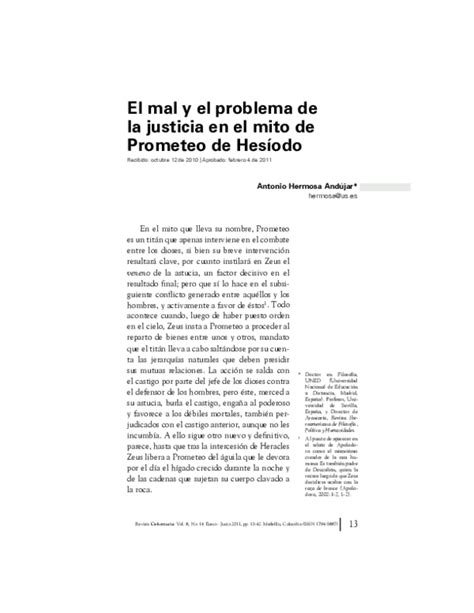 Pdf El Mal Y El Problema De La Justicia En El Mito De Prometeo De Hesíodo