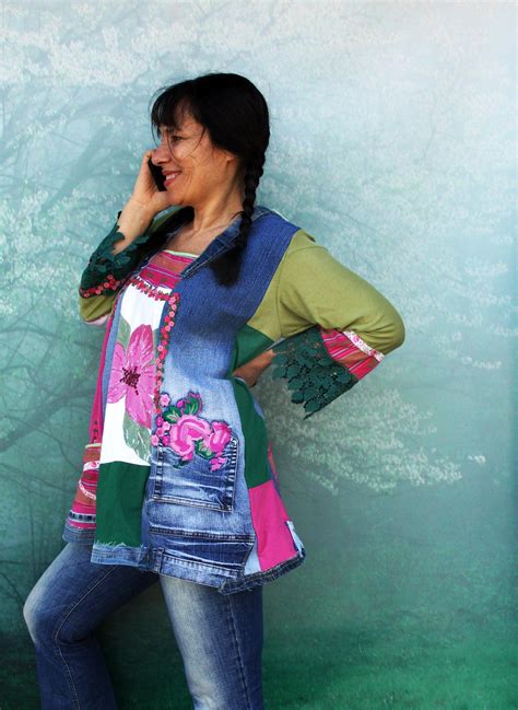 L XL Floral Embroidered Denim Recycled Lace Patchwork Tunic Etsy