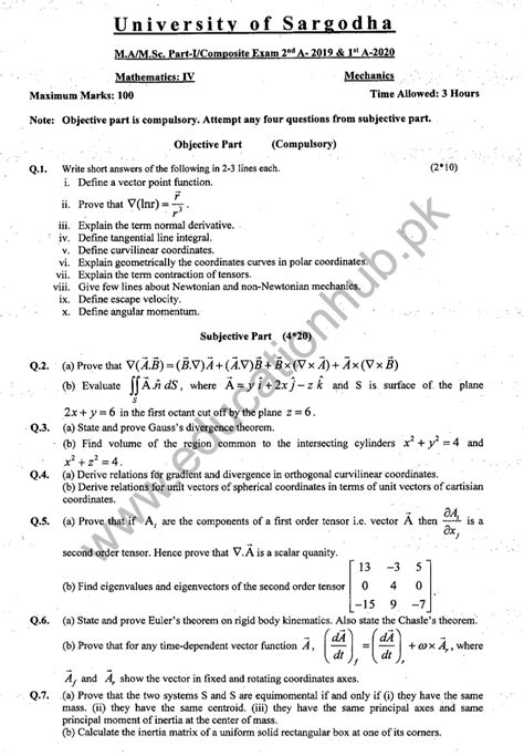 Mechanics MSC Mathematics UOS Past Paper 1 A 2020 Education Hub