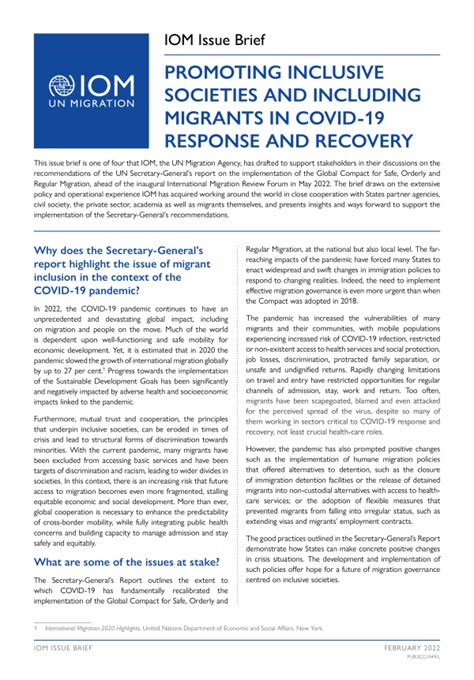 IOM Issue Brief: Promoting Inclusive Societies and Including Migrants in COVID-19 Response and ...