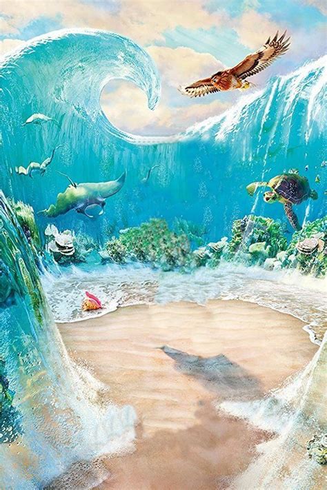 A Painting Of An Ocean Scene With Birds Flying Over The Waves And Fish
