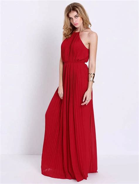 Our Wine Red Evening Sleeveless Halterneck Pleated Infinity Maxi Dress Is Such A Vibe Romwe