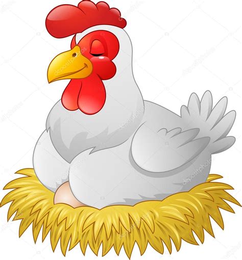 Gallina De Dibujos Animados Incubando Sus Huevos En Un Nido De Paja