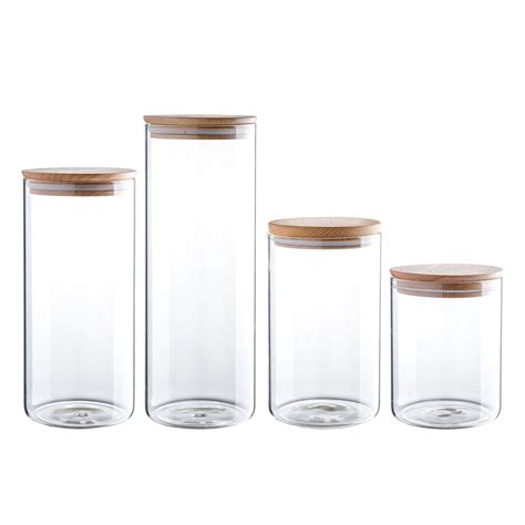 Clear Glass Storage Jar 60473424oz With Beech Wood Lid Set Of 4 Glass Canister With Airtight