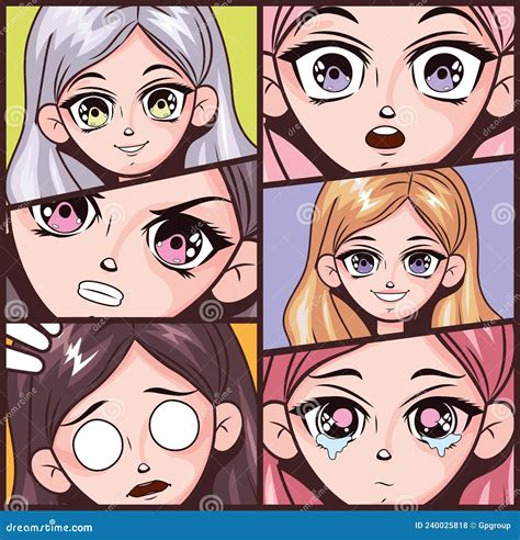 Six Anime Emotions Faces Vector Illustration | CartoonDealer.com #240025818