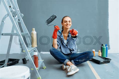 Smiling Female House Painter After Home Repair Stock Image Colourbox