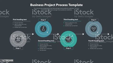 Business Project Progress Template With Four Stages Dark Version Stok Vektör Sanatı And Bilgi