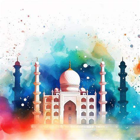 Pintura Em Aquarela De Um Taj Mahal Fundo Azul E A Palavra Taj