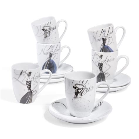 Coffret Tasses Avec Soucoupes En Porcelaine Blanches Femme Modeuse