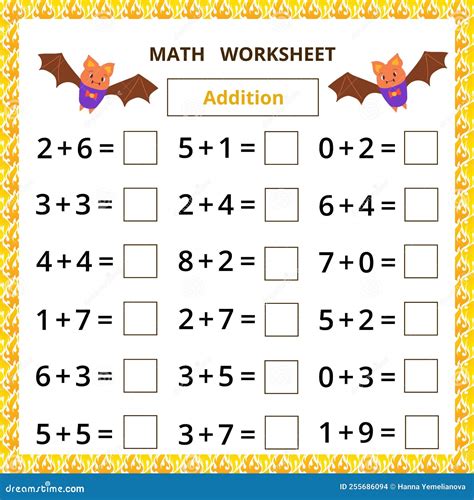 Worksheet Addition Number For Education Vector Illustration