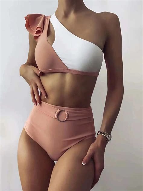 Sexy Splicing Ruffled One Shoulder Female Swimsuit High Waist Bikini Women Swimwear Two Pieces