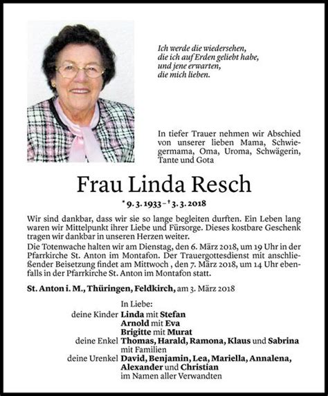 Todesanzeigen Von Linda Resch Todesanzeigen Vorarlberger Nachrichten