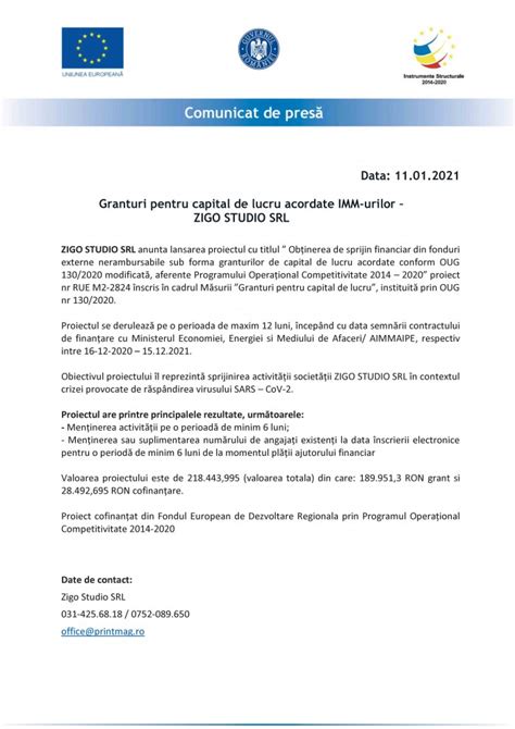 Comunicat De Presa Demarare Proiect Granturi Capital De Lucru