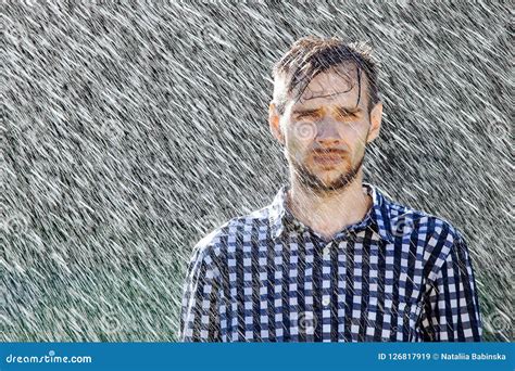 Man Wet Under Rain Farmer Hat Enjoy Prayer Happy Upset Heavy Wet Water