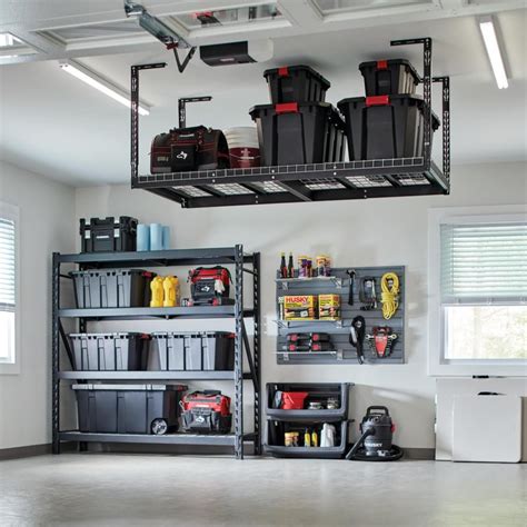 Husky Adjustable Height Garage Overhead Ceiling Storage Rack In Black