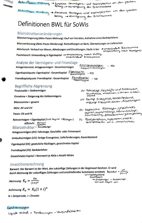 Definitionen BWL Zusammenfassung Der Wichtigsten Formeln Und Begriffe