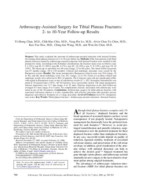 Pdf Arthroscopy Assisted Surgery For Tibial Plateau Fractures 2 To