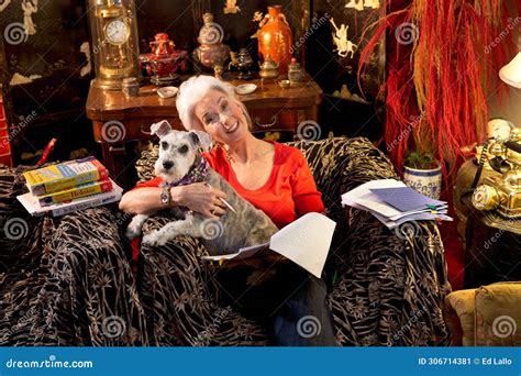 Author Heloise In Her Living Room With Her Dog Cabbie Editorial Photo