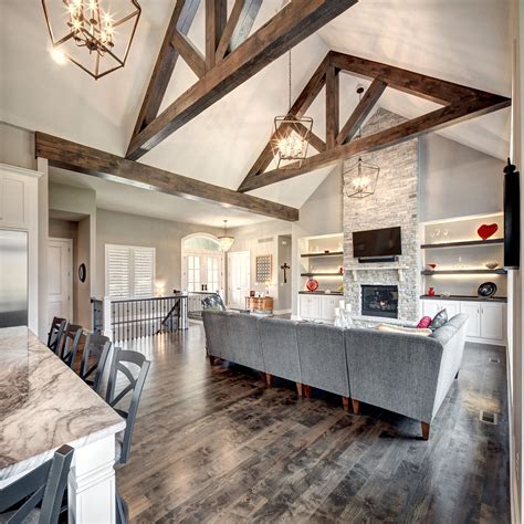 Hearth Room With Wood Beams Farm House Living Room Vaulted Ceiling Living Room Home