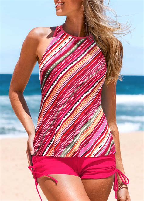 Striped Cut Out Hot Pink Tankini Set Rosewe Usd