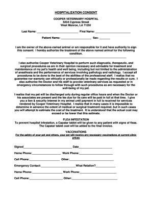 Fillable Online Hospitalization Consent Cooper Veterinary Hospital