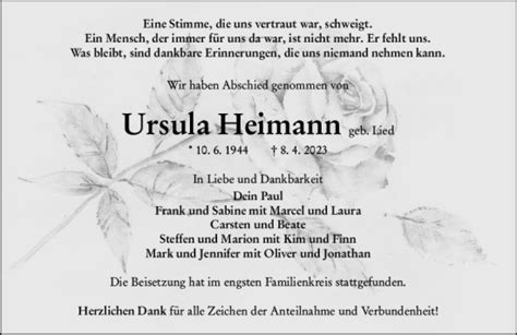 Traueranzeigen Von Ursula Heimann Vrm Trauer De