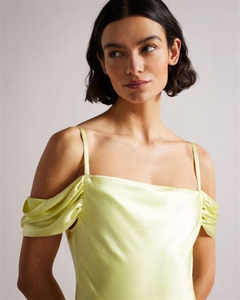 Ted Baker Satin Cold Shoulder Cowl Front Midi Slip Dress In Lt Yellow