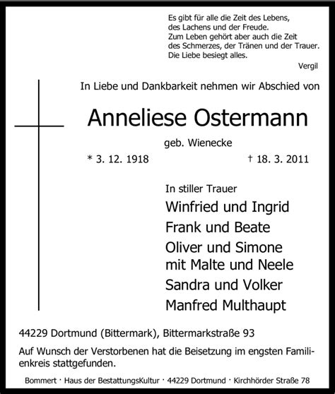 Traueranzeigen Von Anneliese Ostermann Trauer In Nrw De