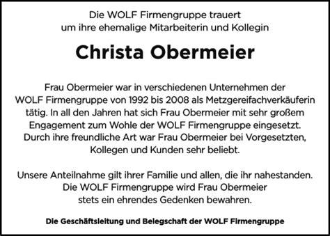 Traueranzeigen Von Christa Obermeier Mittelbayerische Trauer