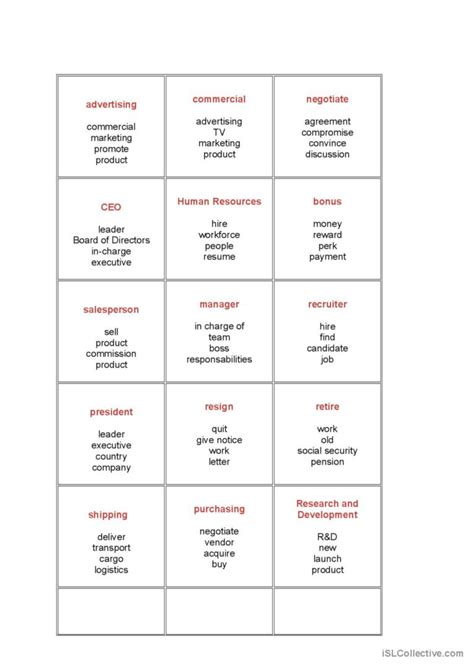 Taboo Cards Business Vocabulary English Esl Worksheets Pdf Doc