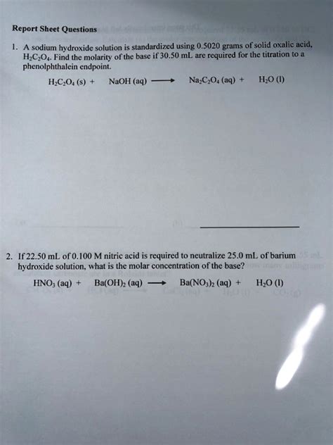 Solved Report Sheet Questions Sodium Hydroxide Solution Standardized Using 05020 Grams Of