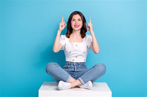 Full Length Photo Of Dreamy Adorable Lady Wear White Blouse Looking Pointing Two Fingers Up