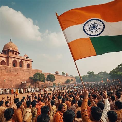 A Group Of People Holding Small Flags Of The India In Their Hands