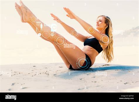 Composite Image Of Fit Blonde In Core Balance Pilates Pose On The Beach