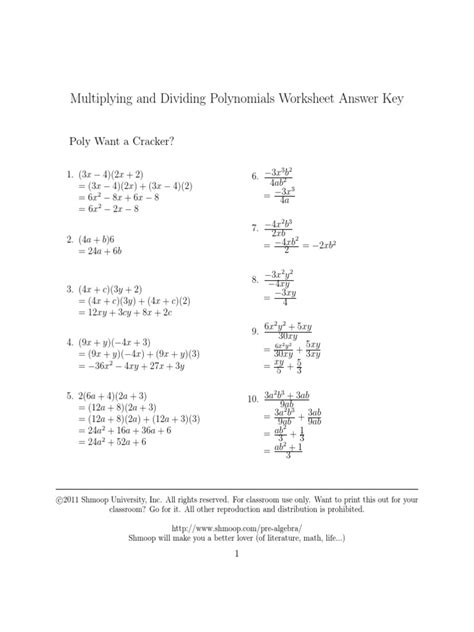 Multiplying And Dividing Polynomials Answers Pdf Worksheets Library