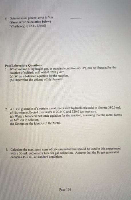 Lab Molar Volume Of Hydrogen Gas Purpose In This Chegg