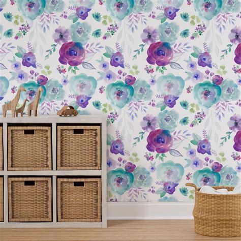 Teal and Purple Watercolour Floral Wallpaper | Spoonflower