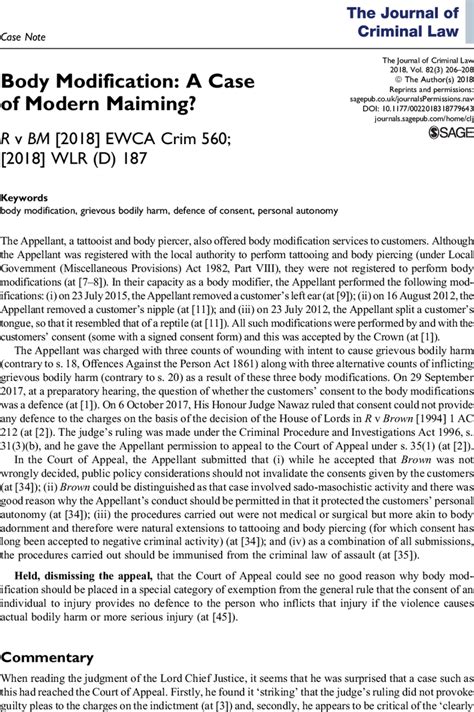 Body Modification A Case Of Modern Maiming R V Bm 2018 Ewca Crim