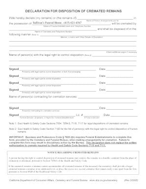 Fillable Online Declaration For Disposition Of Cremated Remains