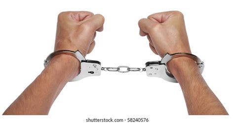 Hands Breaking Handcuffs Isolated On White Stock Photo 58240561