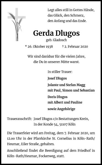 Traueranzeigen Von Gerda Dlugos Wirtrauern