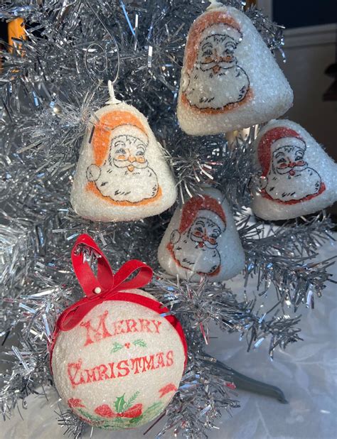 Vintage Sugared Styrofoam Merry Christmas Santa Bell Ornaments Etsy