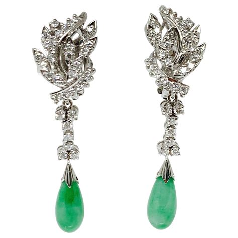 Diamond And Jade Drop Earrings In 18 Karat White Gold For Sale At 1stDibs