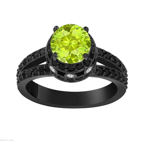 Peridot And Black Diamond Engagement Ring Vintage Style 14k Etsy